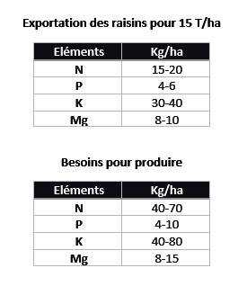 V.I.E. - Piloter sa ferti-irrigation - Table 1 : Besoins de la vigne